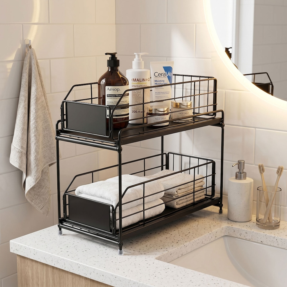 image 1 of TOQUE 2 Tier Pull Out Basket Under Sink Kitchen Cabinet Storage Organiser Drawer