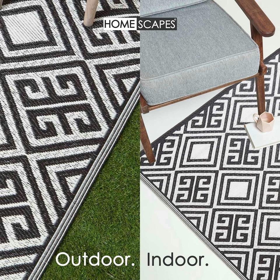 image 1 of Homescapes Outdoor Rug Luxury Waterproof Reversible, For Garden, Geometric | Black | Black and White