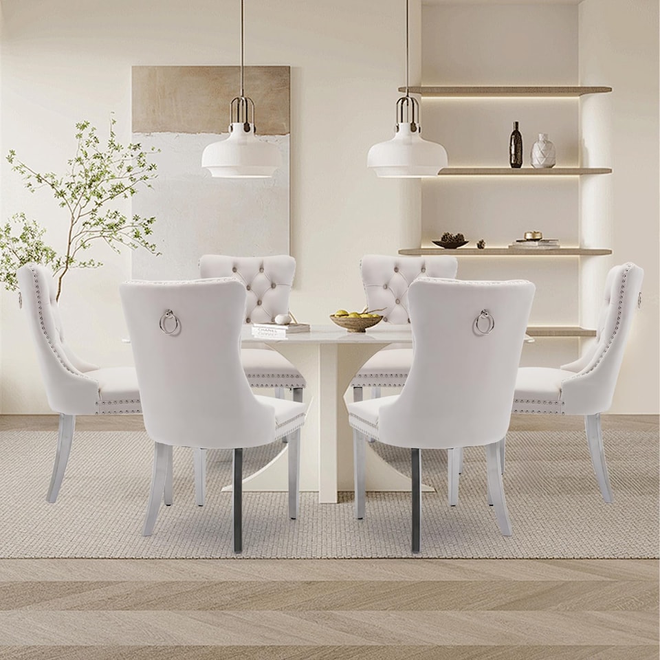 image 1 of Winchester Set of 6 Velvet Dining Chairs with Metal Legs