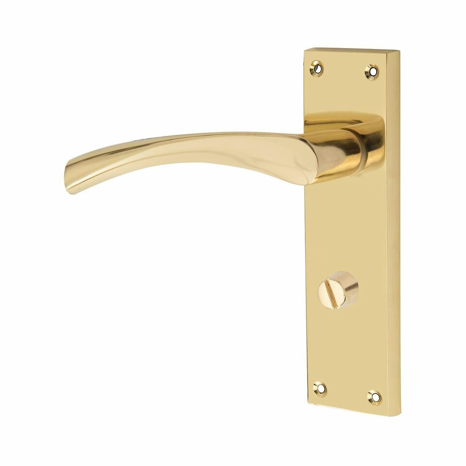 image 1 of Golden Grace Victorian Scroll Astrid Door Handles Bathroom WC Toilet Complete in Polished Brass with (GG) Mortise Lock & 1 Pair of 3" Standard Butt Hinges Gold