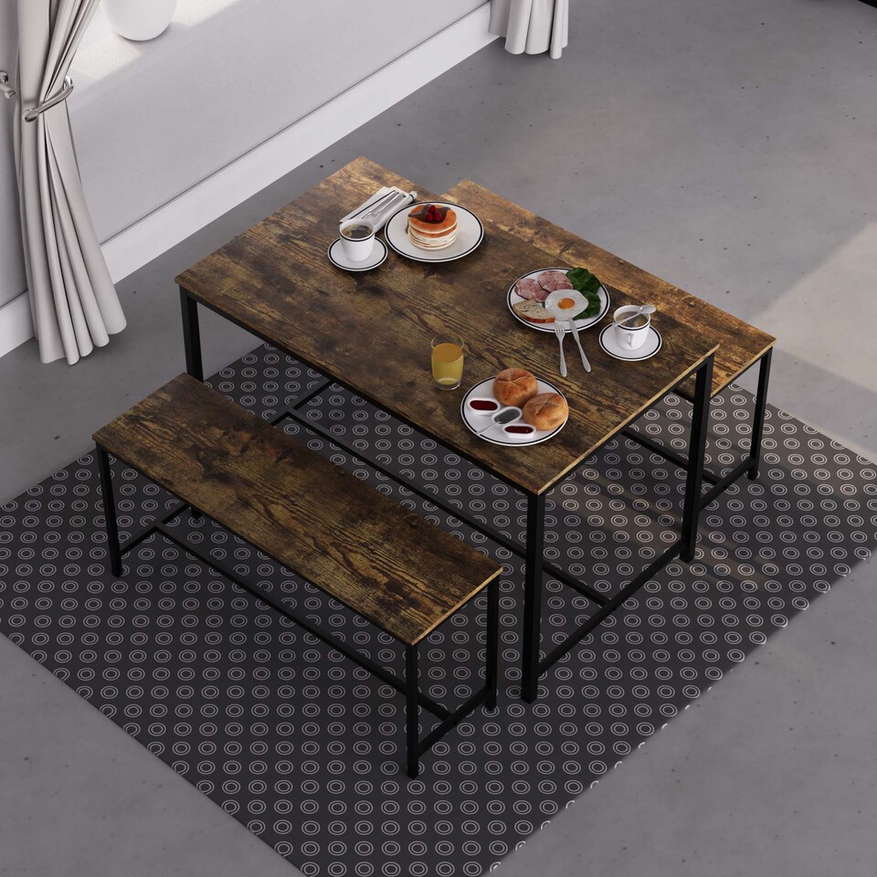 image 1 of Vida Designs Brooklyn 4 Seater Dining Set 3 Piece Table & Bench Set, Dark Wood