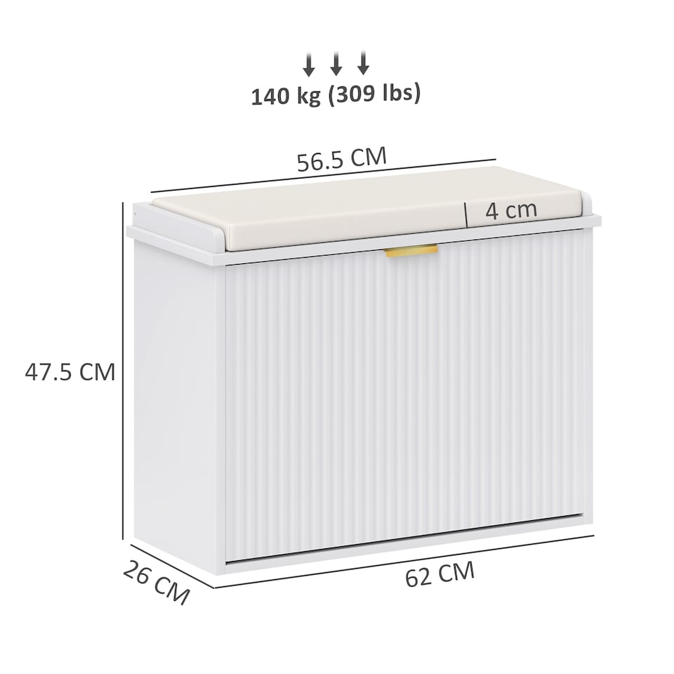 image 1 of HOMCOM Shoe Bench with Padded Seat Cushion and Flip-Drawer, Shoe Cabinet Holds up to 120kg for Hallway, Entryway and Porch, 62x26x47.5cm, White | White | White