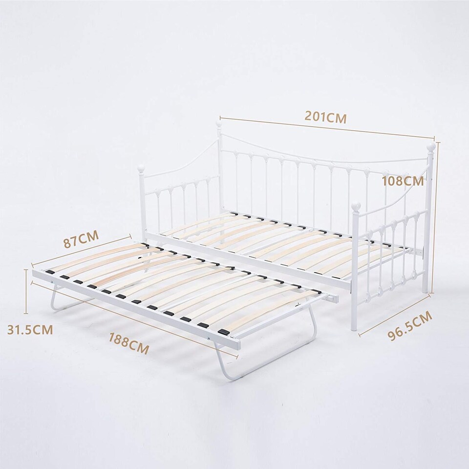 image 1 of Daybed With Pull Out Trundle White 3ft Single Bed Metal Guest Room Bedroom Living Room