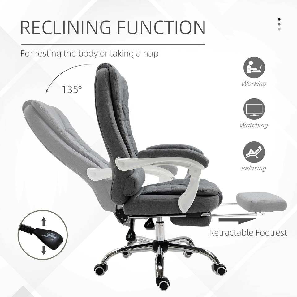 image 1 of Vinsetto Computer Office Chair Home Swivel Task Recliner w/ Footrest, Arm, Grey