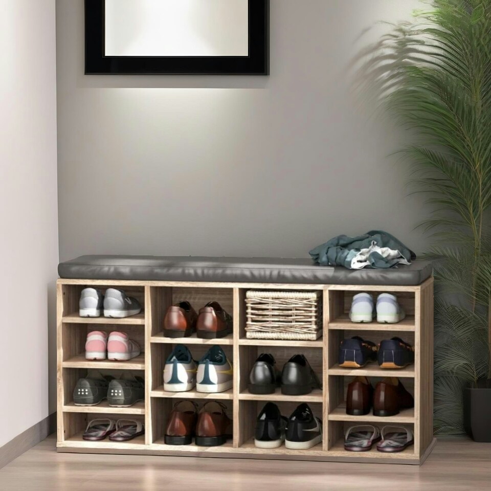 image 1 of Industrial Shoe Storage Bench With Cushion Seat With 14 Compartments Brown