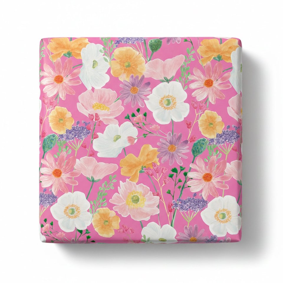 image 1 of Flowers on Hot Pink Gift Wrapping Paper Roll 3m