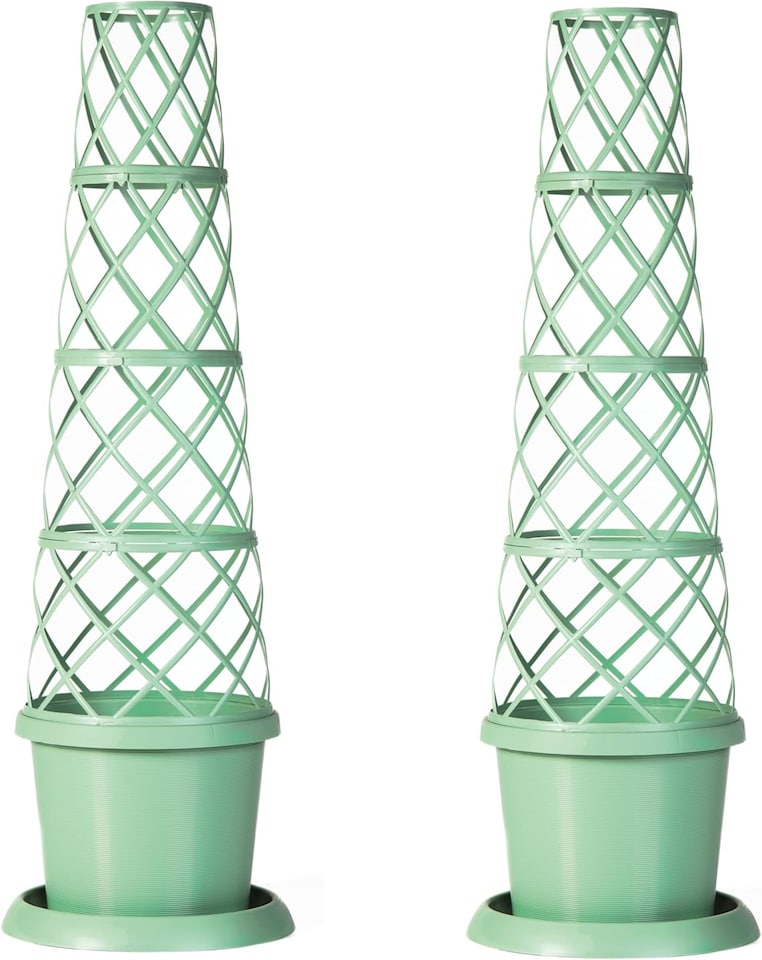 Tower Pot Garden Planter Trellis & Saucer Outdoors Pistachio Green x 2 | Green