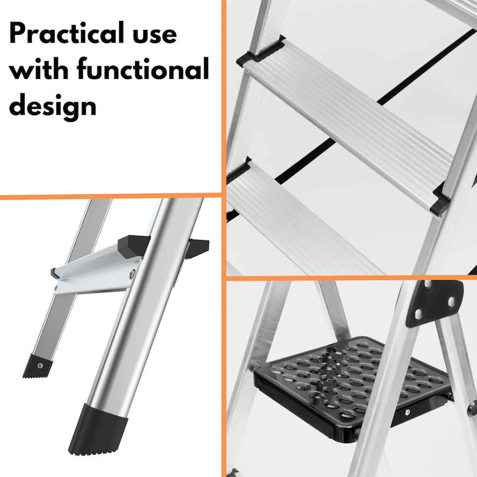 image 1 of Lightweight Step Ladders - Compact Aluminium Stepladder with Non-Slip Wide Step, Portable Silver Color - Tall Folding Ladder with Platform Silver | 6 - Step 181 cm