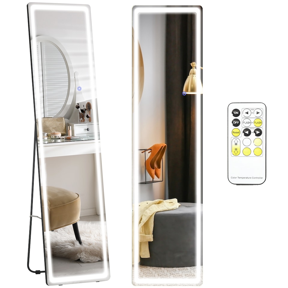 image 1 of HOMCOM Full-Length Mirror, 160  40 cm, Wall Mounted, Freestanding Floor Mirror with LED Lights and Remote Control, Dimming 3 Colour Modes, for Bedroom, Black