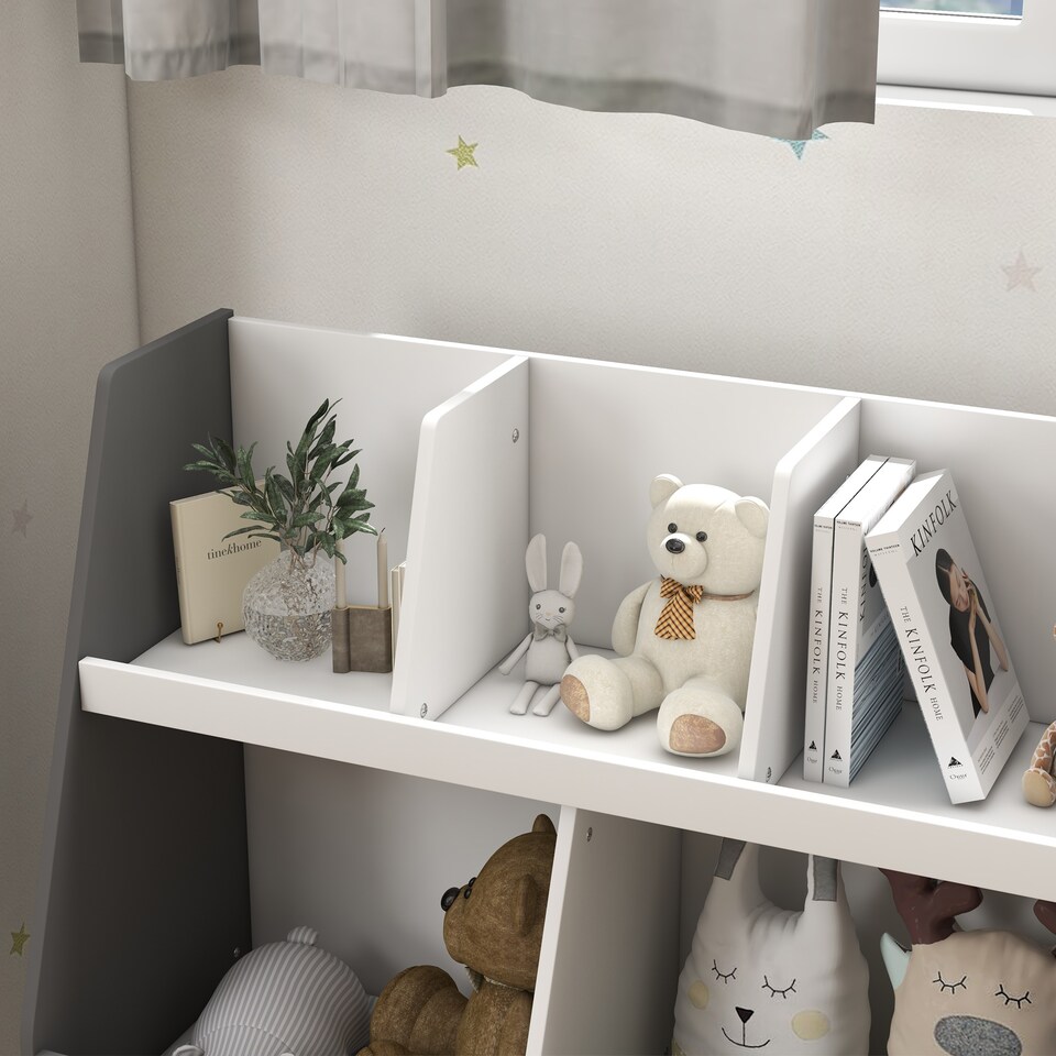 image 1 of HOMCOM Kids Storage Shelf, 2-Tier Kids Book Shelf with 5 Compartments, Anti-Tip Device, Pine Wood Legs, for Nursery, Playroom, Classroom - Grey
