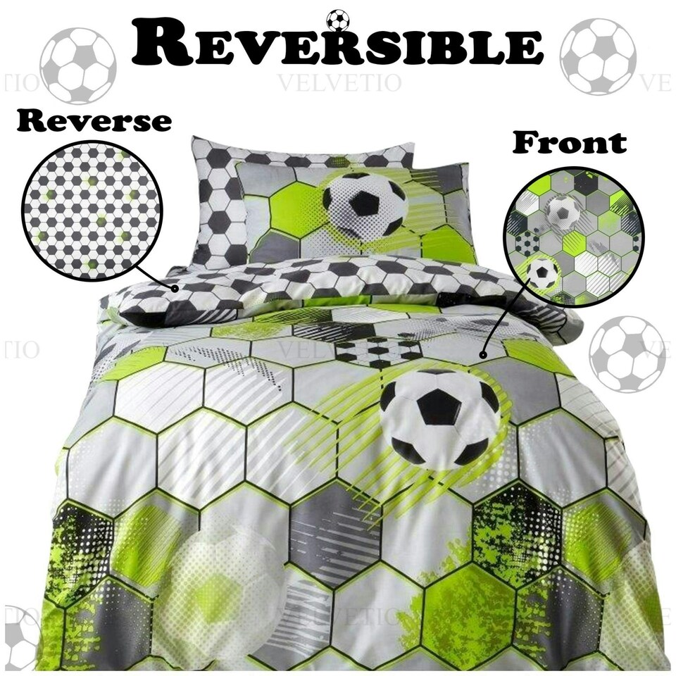 image 1 of VELVETIO Football Stamp Duvet Cover Set Easy Care Polycotton Kids Beddings Grey | Single