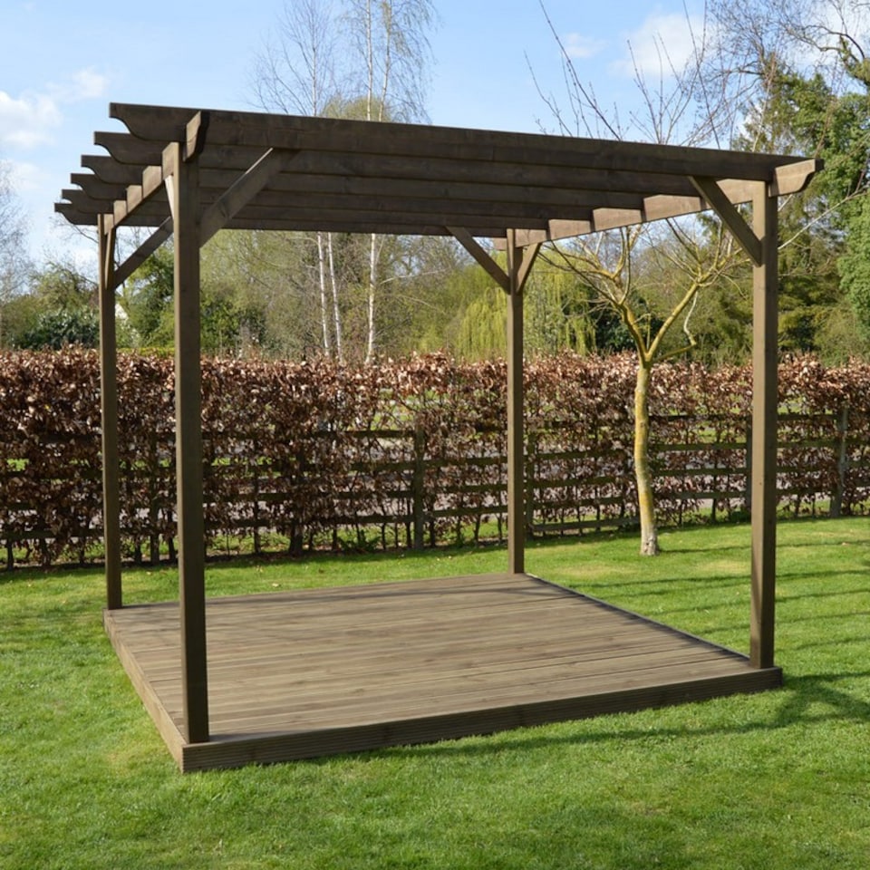 image 1 of Garden Pergola and Decking Kit - Wood - L300 x W300 x H270 cm - Rustic Brown