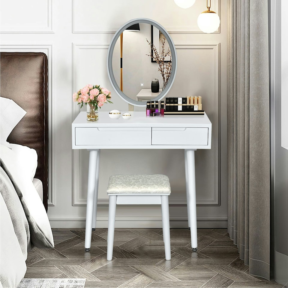 image 1 of COSTWAY Makeup Vanity Dressing Table Set with Lighted Mirror White