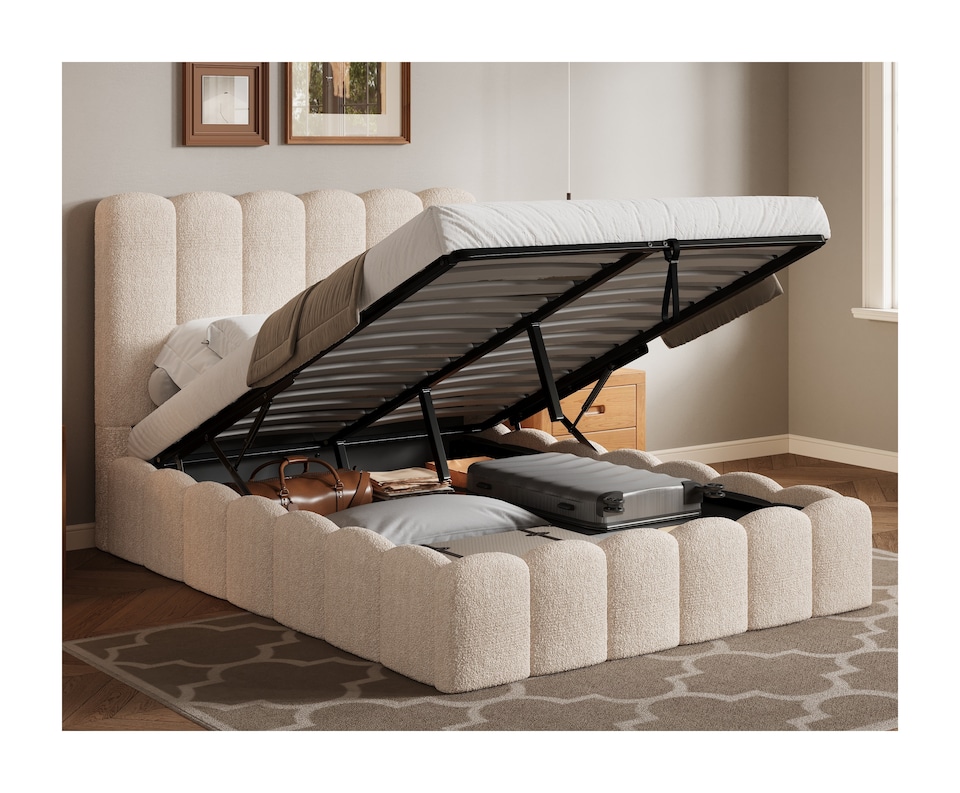 image 1 of Ezysleep Kingsley Boucle Soft Teddy Upholstered Gas Lift Ottoman Bed Frame | Cream | Natural