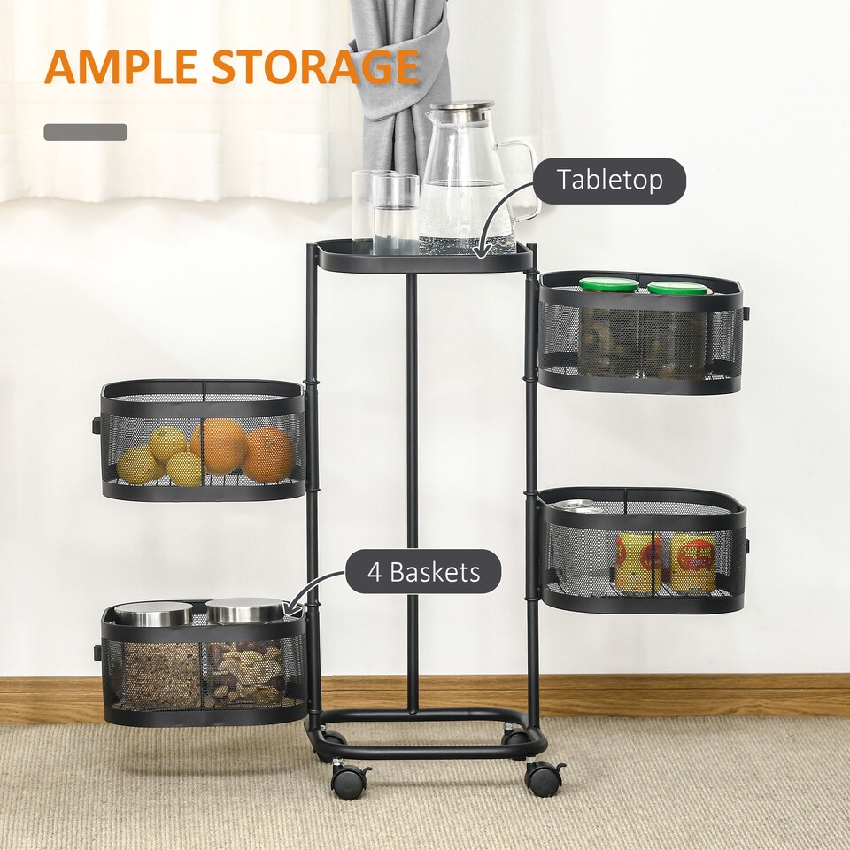 image 1 of HOMCOM Metal Storage Cart with Top Tray and 4 Mesh Baskets, Black