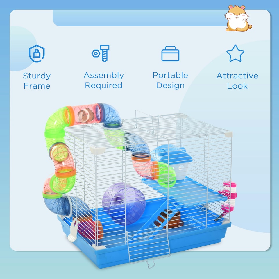 image 1 of Pawhut Hamster Cage Carrier Small Animal House w/ Exercise Wheels Tunnel Tube