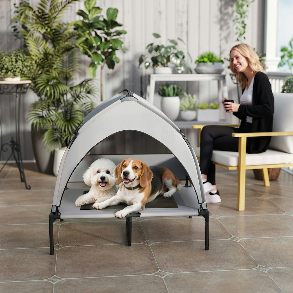 image 1 of PawHut Portable Elevated Dog Bed with Removable Canopy, 92 x 75 x 89 cm Grey | M