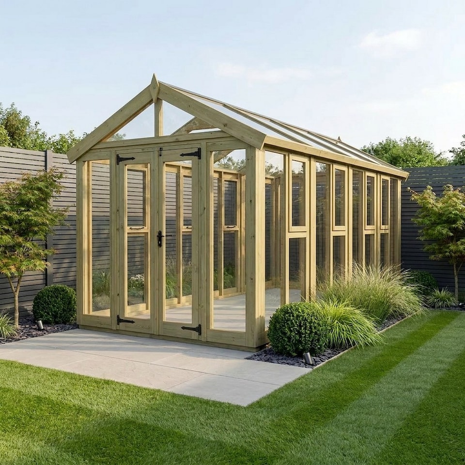 image 1 of 6ft x 18ft Apex Toughened Glass Greenhouse - Pressure Treated Timber - L183 x W549 x H210 cm - Natural