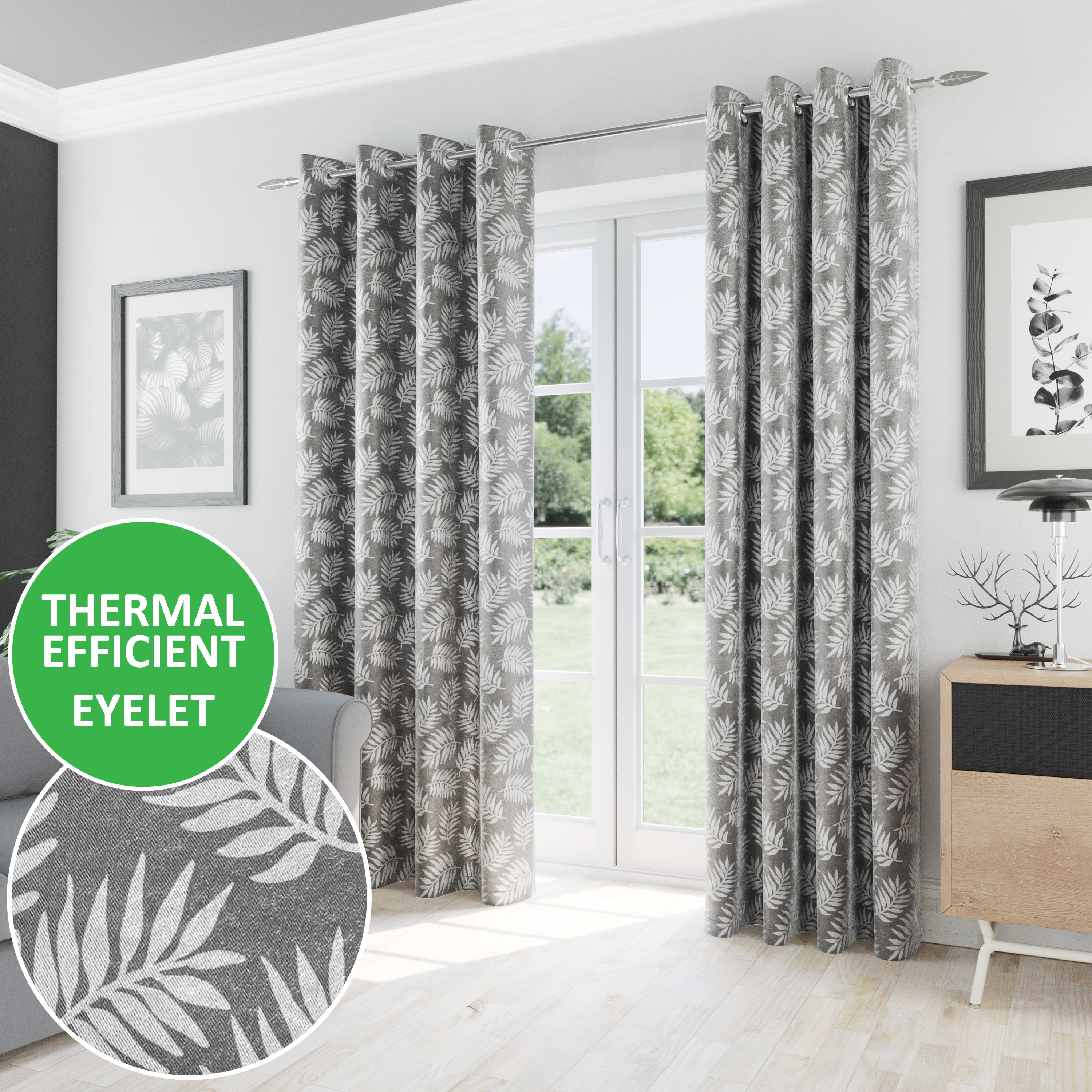 Oakland Grey Leaf Pattern, Thermal, Room Darkening Pair of Curtains ...
