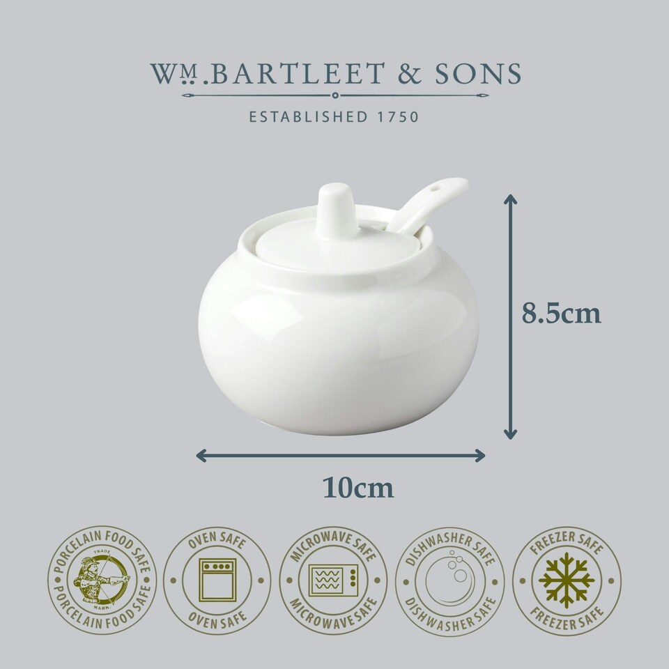 image 1 of Wm Bartleet & Sons Porcelain Bellied Sugar/Jam/Mustard Pot with Spoon, White