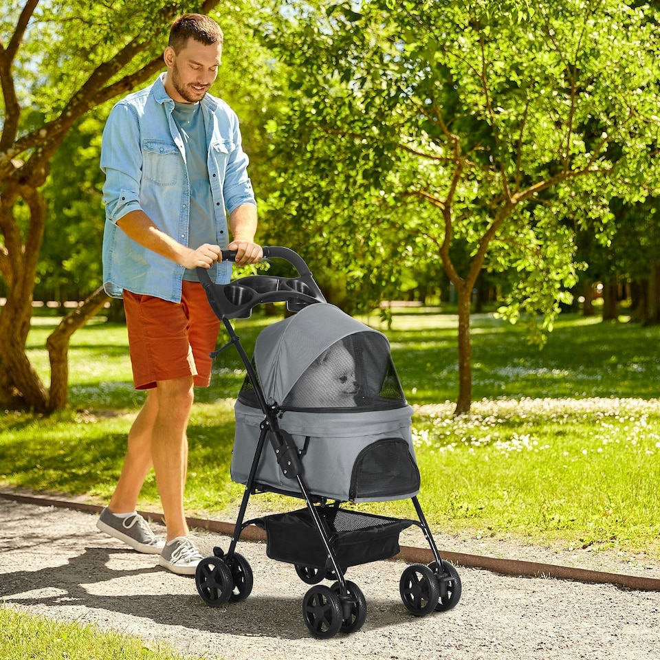image 1 of PawHut Pet Stroller Foldable Travel Carriage w/ Brake Basket Canopy, Grey