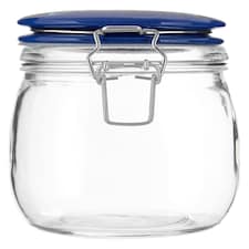 Interiors By Premier Pretty Things Glass Jar 750ml, Clear Glass Storage Jar with Blue Ceramic Clip Top Lid