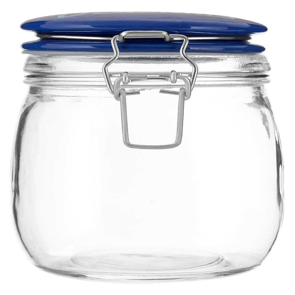 image 1 of Interiors By Premier Pretty Things Glass Jar 750ml, Clear Glass Storage Jar with Blue Ceramic Clip Top Lid