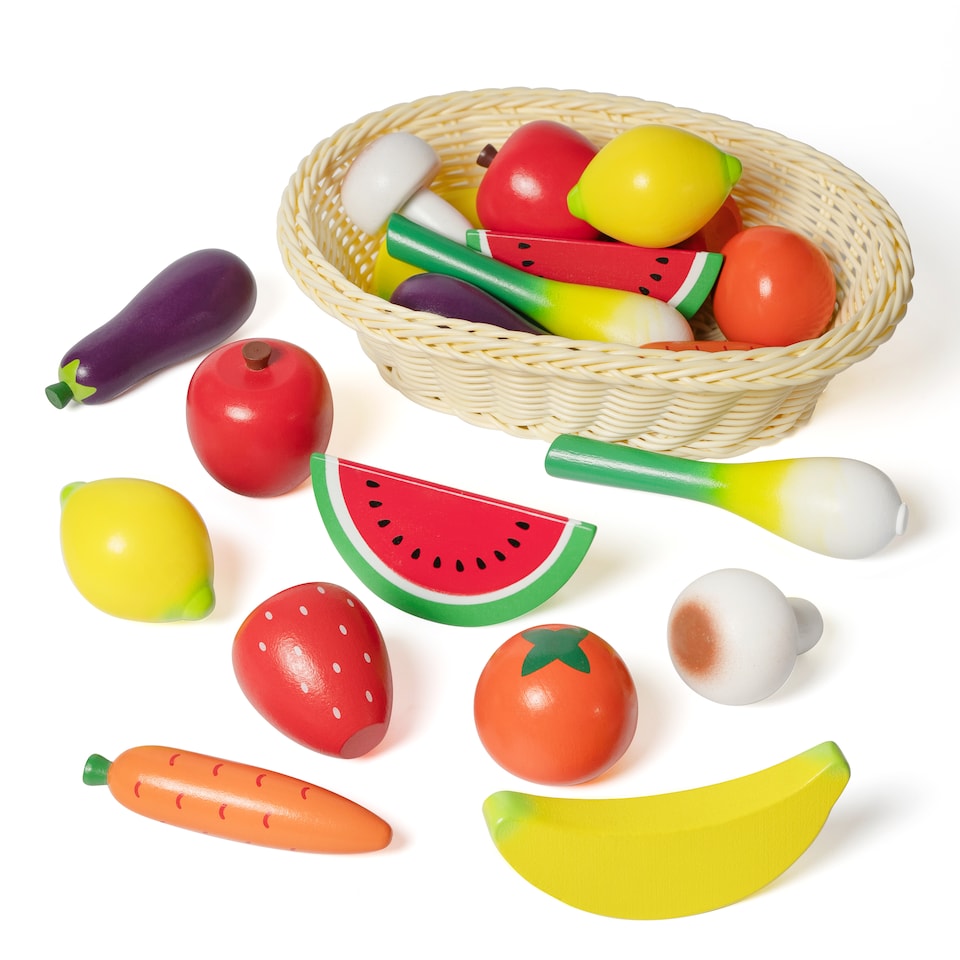 image 1 of Hooga Wooden Play Food Set with Basket - 20 Pieces of Fruits & Vegetables