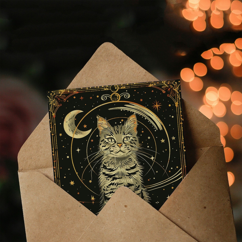 image 1 of Cosmic Feline Cat Lover Tarot Style Woman Her Birthday Card
