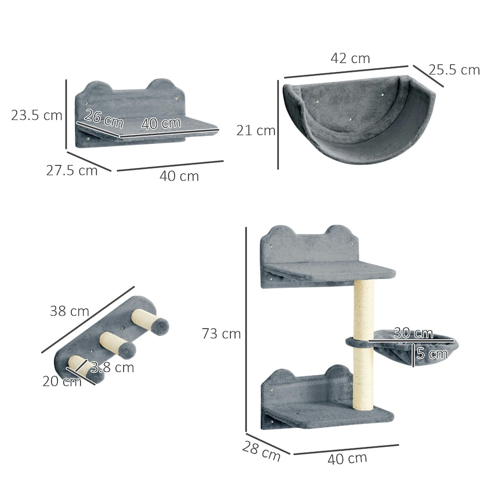 image 1 of PawHut Wall Mounted Cat Tree 4PC Kitten Activity Centre with Sisal, Grey