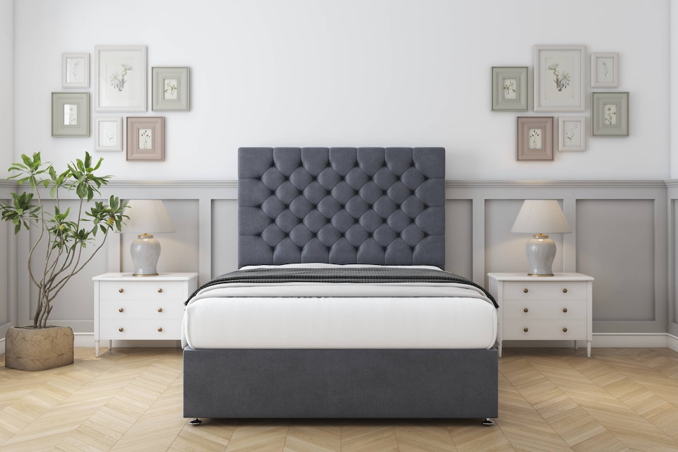 image 1 of Sloomy Mayfair Steel Plush Divan Bed Base No Drawers With 54 Inch Floor Standing Headboard | Grey | Steel | Super King | 1