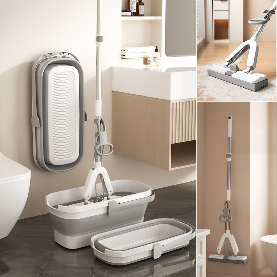 image 1 of Gr8 Home PVA Sponge Mop Space Saving Folding Bucket Super Absorbent Floor Cleaning Set