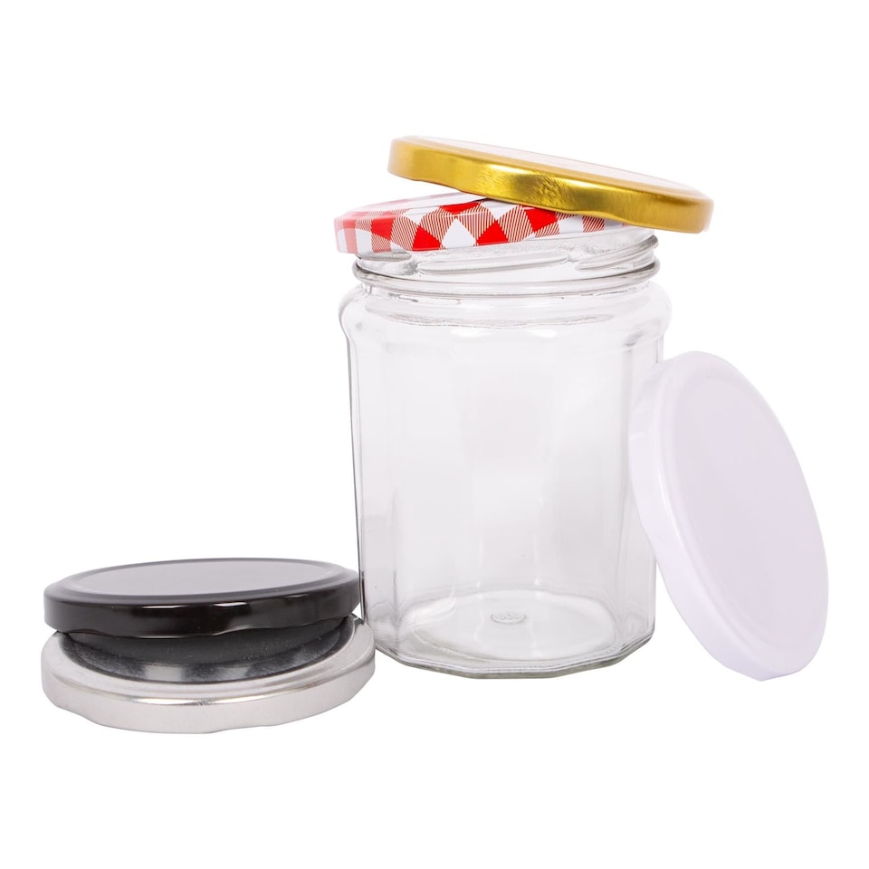 image 1 of Argon Tableware Glass Jam Jars with Green Gingham Lids - 380ml - Pack of 6