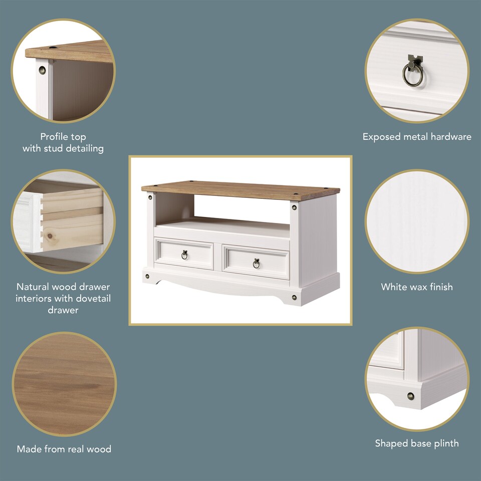 image 1 of Corona Flat Screen TV Unit - Antique Waxed Pine Media Cabinet with Drawers, Shelf, and Traditional Mexican Design | White | White | 1