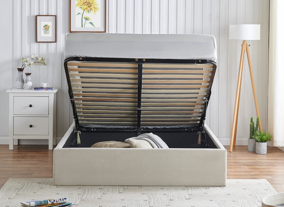image 1 of 4ft6 Double Ottoman gas liftup storage bed frame,fabric upholstered, natural beige,buttoned back,curved bed frame,bedstead