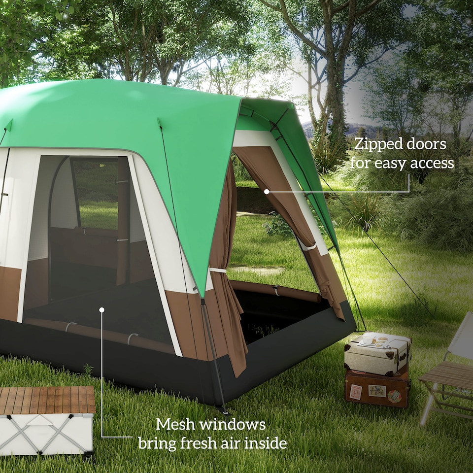 image 1 of Outsunny Camping Tent with 3000mm Waterproof Rainfly & Screen Panels, Green