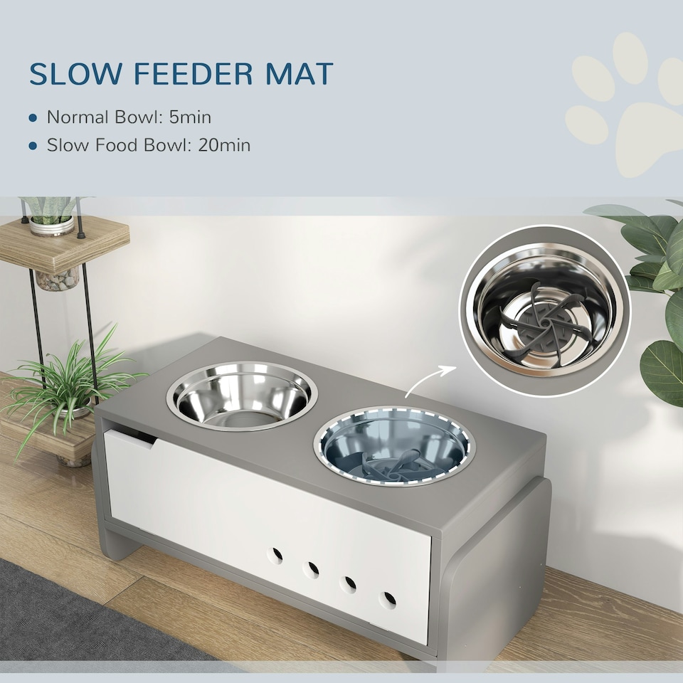 image 1 of PawHut Height Adjustable Dog Feeding Storage w/ 2 Stainless Steel Bowls Grey