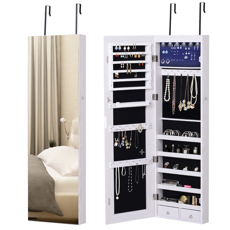 image 1 of HOMCOM Jewelry Cabinet with Mirror and LED Lights, Lockable Makeup Cosmetics Jewellery Organiser, Mirror with Storage for Bedroom Dressing Room, White