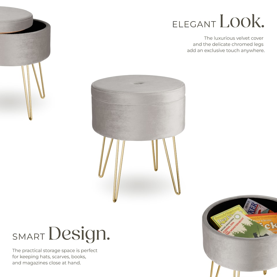 image 1 of Stool Ava - round, padded velvet look, with storage space | Grey | light grey | 37,50 x 37,50 x 44,50 cm | 1