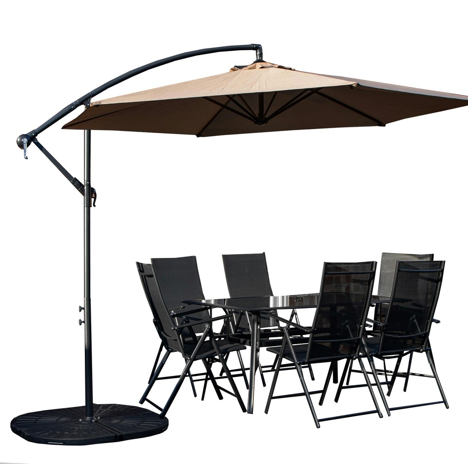 image 1 of Outdoor 6 Person Rectangular Glass Top Garden Dining Table Chairs With Beige Banana Parasol and Base
