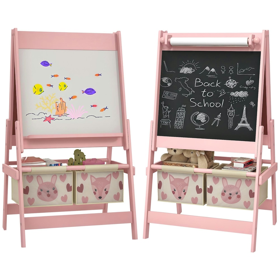 image 1 of AIYAPLAY Kids Easel with Paper Roll, 3 in 1 Art Easel Blackboard, Whiteboard Pink