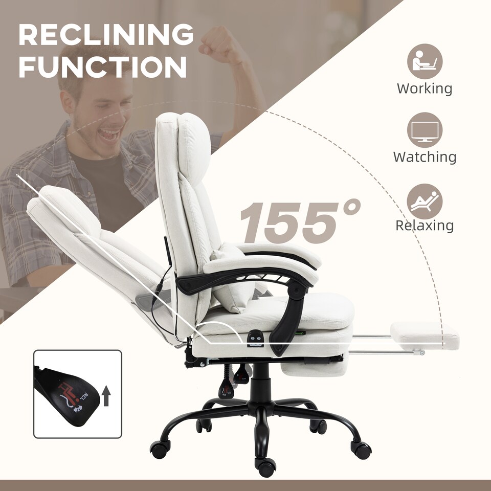 image 1 of Vinsetto Office Chair, Ergonomic Desk Chair with 6-Point Vibration Massage and Lumbar Heating, Computer Chair with Lumbar Support Pillow, 155 Reclining Back and Footrest, Cream White