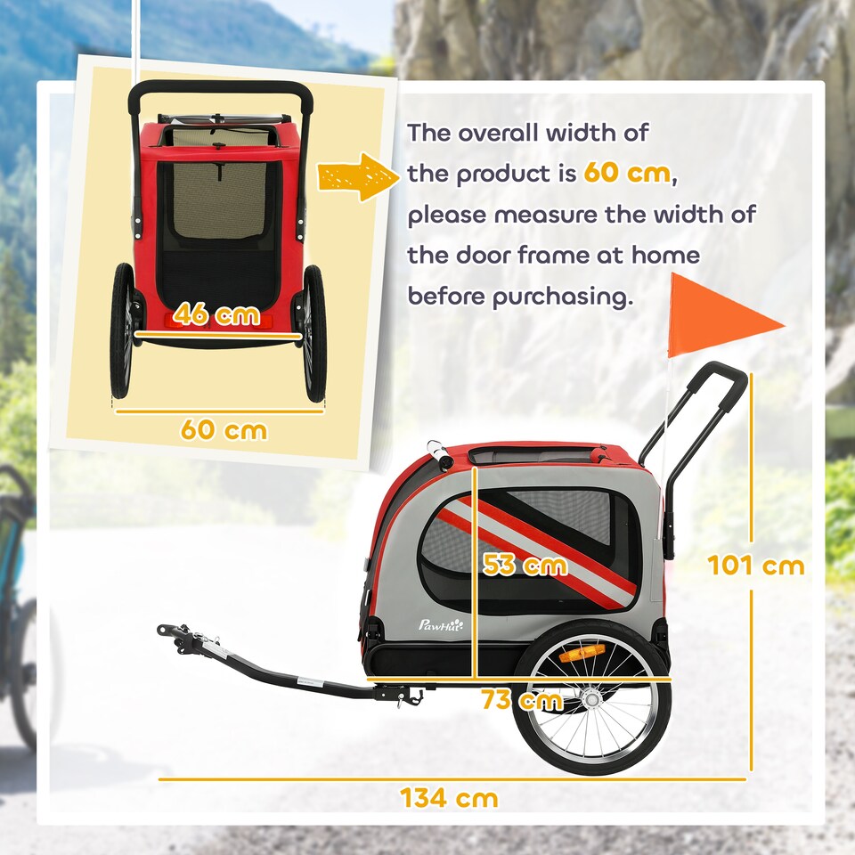 image 1 of PawHut 2-In-1 Dog Bike Trailer Stroller w/ Universal Wheel Reflector Flag
