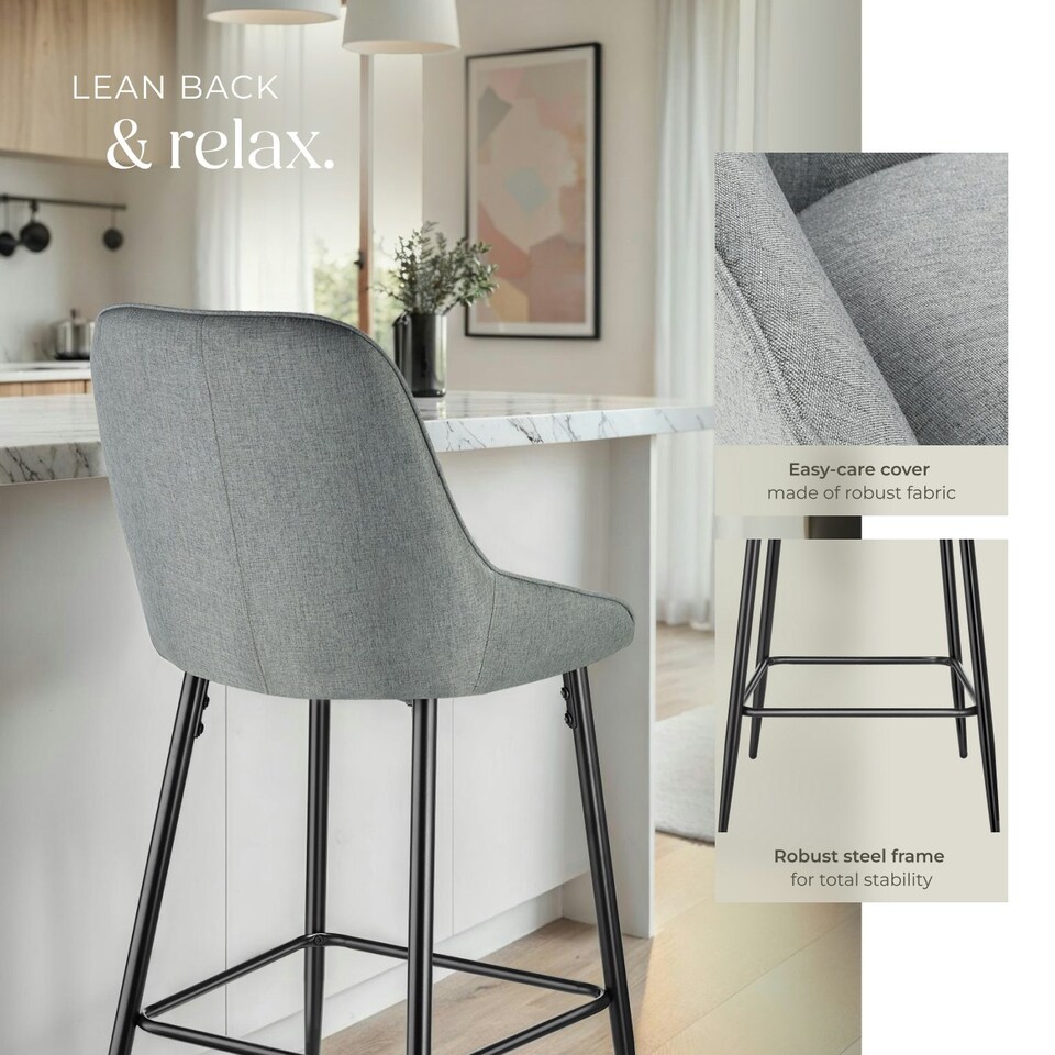 image 1 of Bar Stool Siera with backrest, padding and soft fabric - Set of 4 Grey | Woven Fabric Grey/Black