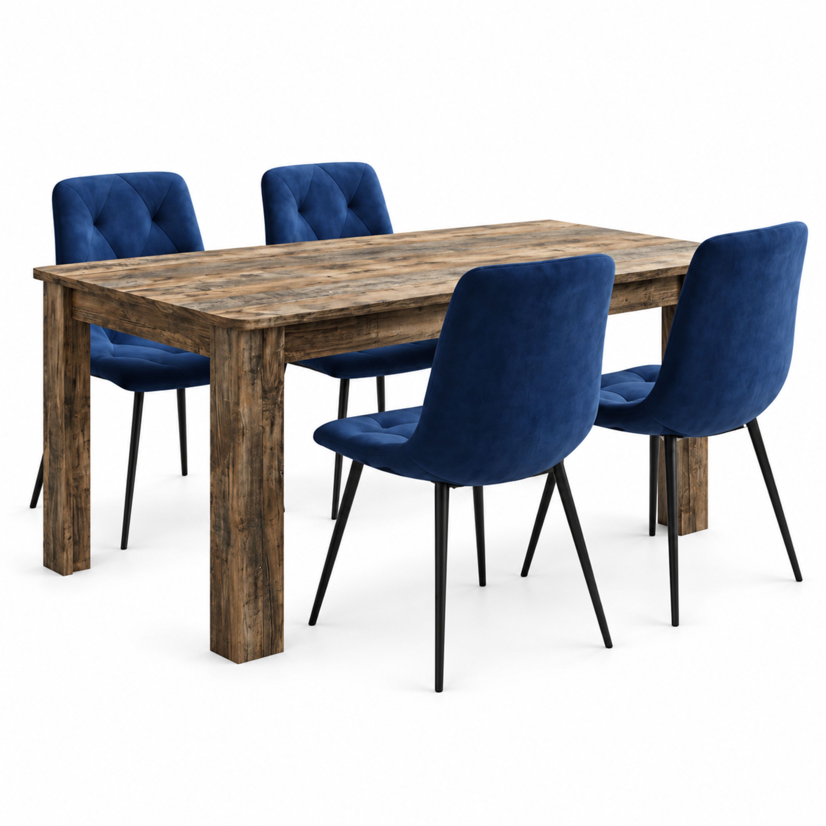 Family 4 Seater Dining Set with Rustic Wood Effect Table and 4 Blue ...