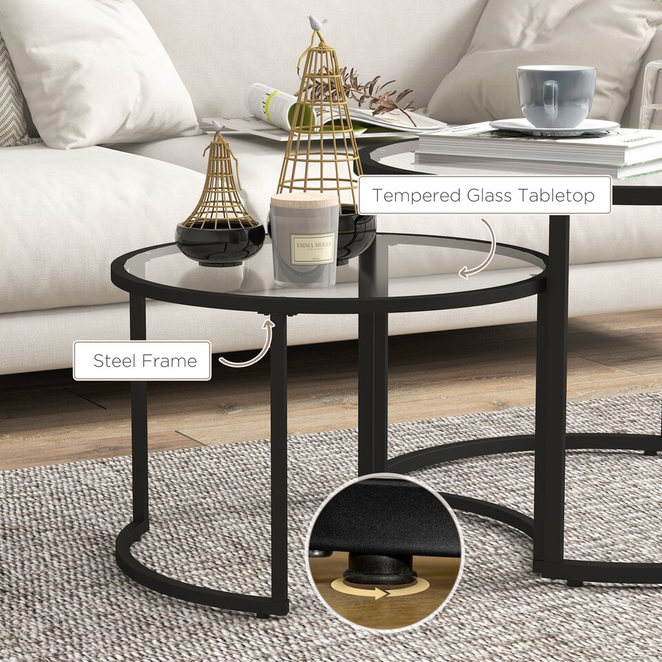 image 1 of HOMCOM Coffee Table Set of 2, Modern Nest of Tables with Tempered Glass Top, Steel Frame for Living Room, Black | Black