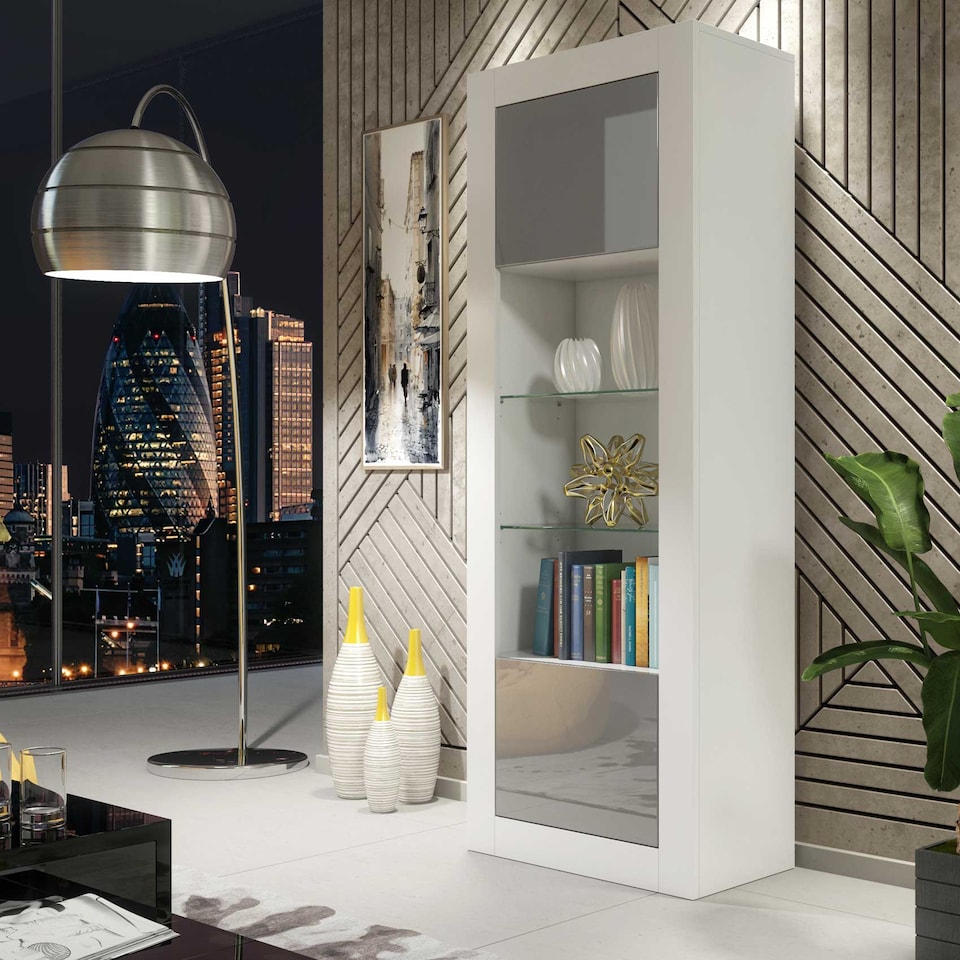 image 1 of Display Cabinet Bookcase Bookshelf Storage Cabinet Glass Display Unit White Grey High Gloss 170cm