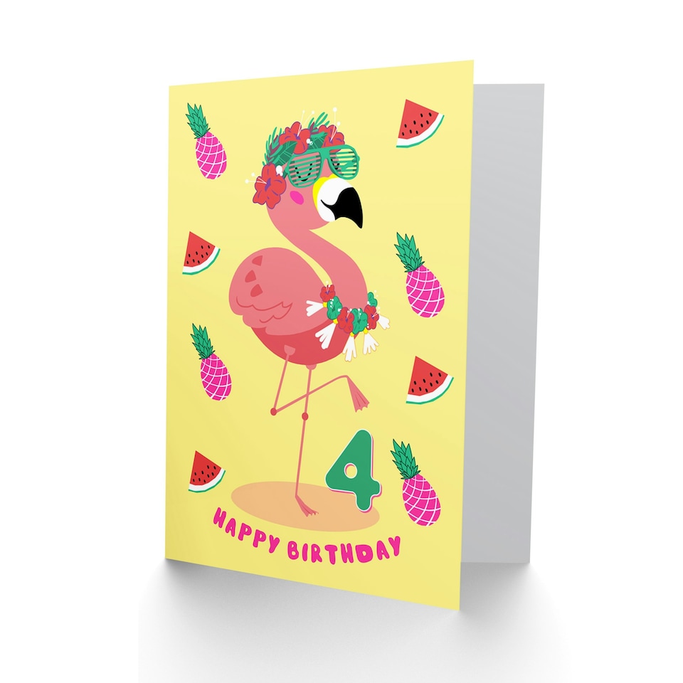 image 1 of Flamingo Fruit Fun Cartoon Age 4 Year Old Child Kids 4th Birthday Card