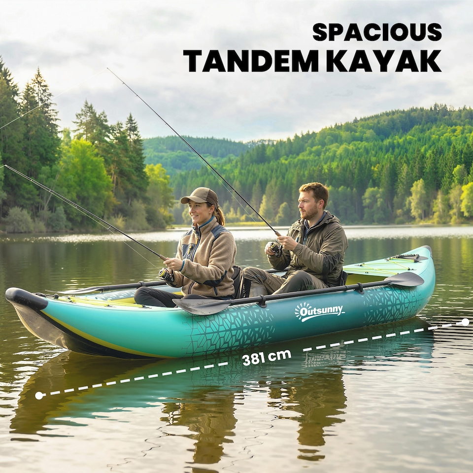 image 1 of Outsunny 2.5' Inflatable Kayak 2-person Sit on Canoe with Paddles | Blue | Blue and Yellow | 381 x 94 x 40 cm