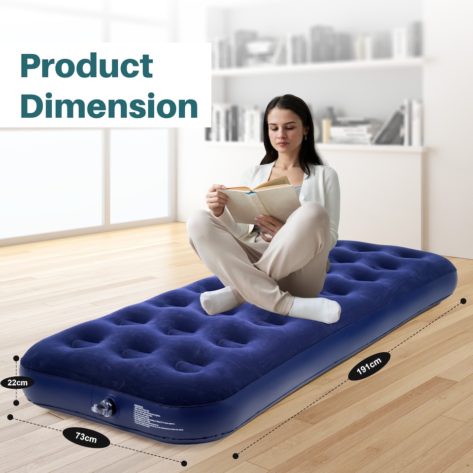 image 1 of Single Flocked Camping Airbed Inflatable Mattress Blow Up Air Bed | Blue | Blue | Single